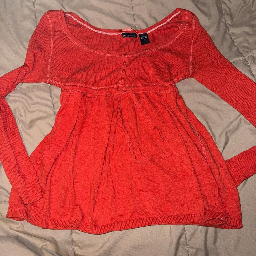Moda International Orange Ribbed Knit Babydoll Top Button Front Tie Waist S L